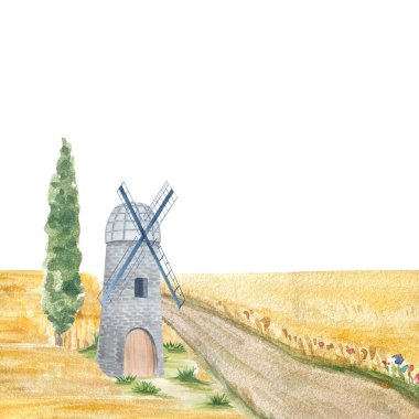 Taştan bir yel değirmeni, kırsal toprak bir yol, altın tarlalar, yeşil ağaçlar ve uzun selvi ağaçları. Tebrik kartları, duvar sanatı, kitap çizimleri ve mevsimlik kırtasiye için büyüleyici suluboya ideal