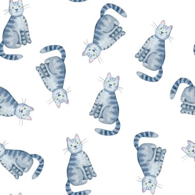 Oturan gri tekir kedi, yeşil gözlü, çok yönlü, kusursuz desenli. Beyaz üzerine izole edilmiş tatlı suluboya çizimi. Çocuk ürünü, evcil hayvan temalı tasarım, tebrik kartı, dijital