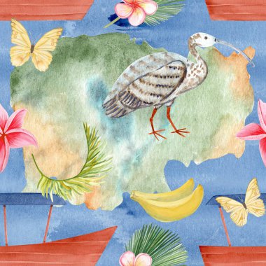 Kamboçya haritası, bayrak, tesisat çiçeği, tekne, Ibis kuşu, muz, suluboya çizimi mavinin üzerinde kusursuz desen. Seyahat blogları, ambalajlar, hediyelik eşyalar, turizm, kültür tasarımları ve tekstil için ideal.