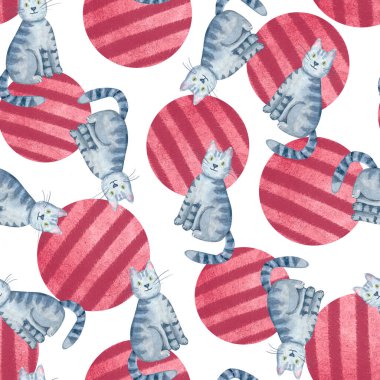 Oyuncu gri tekir kediler, beyaz arka planda dokulu kırmızı daireler. Beyazda izole edilmiş kusursuz suluboya deseni. Eğlenceli, elle boyanmış tasarım giysi, aksesuar, ambalaj kağıdı, yaratıcı