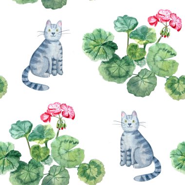 Gri tekir kediler, yeşil sardunya yaprakları ve pembe çiçekler beyaz arka planda dikişsiz suluboya desenleri. Kumaş, duvar kağıdı, ambalaj ve dekoratif kırtasiye için hassas ve eğlenceli kompozisyon.