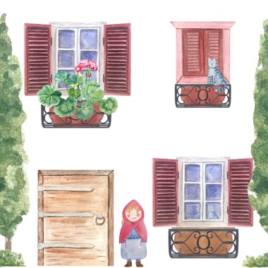 Pencereleri, saksıları, kedisi, ön kapısı, kızı olan Akdeniz tarzı bir ev cephesi. Çocuk kitapları, kartlar, ambalaj kağıtları, tekstil için beyaz ideale izole edilmiş suluboya deseni.