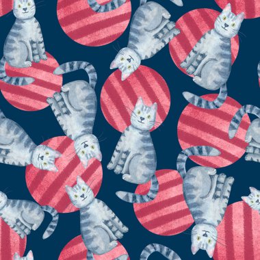 Gri tekir kedileri ve koyu mavi arka planda dokulu kırmızı daireleri olan kusursuz suluboya deseni. Giysiler, aksesuarlar, ambalaj kağıtları ve yaratıcı malzemeler için eğlenceli, elle boyanmış bir tasarım.