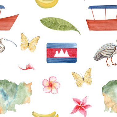 Kamboçya haritası, bayrak, tesisat çiçeği, tekne, Ibis kuşu, muz, suluboya çizimleri beyaza izole edilmiş. Seyahat blogları, ambalajlar, hediyelik eşyalar, turizm, kültürel tasarımlar için ideal