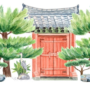 Göletli Asya tarzı bahçe, duvar kapıları, çardak, dekoratif bitkiler, suluboya resimler. El çizimleri kartlar, afişler ve posterler için mükemmel. Kore geleneksel yatay manzara klip sanatı.