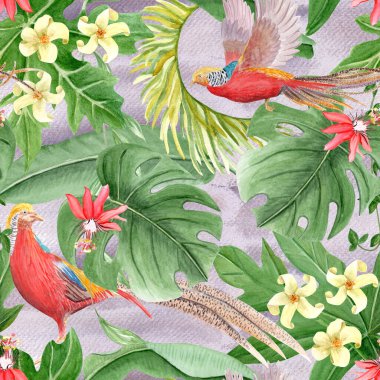 Altın sülün, tutku çiçeği, canavar yaprakları, tropikal yapraklar, mor arka planda dikişsiz suluboya deseni. El yapımı tasarım ambalaj kağıdı, tekstil, duvar kağıdı için mükemmel. Yağmur ormanları