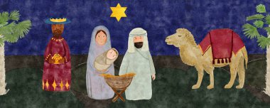 Kutsal aile, hediyeli bilge adam ve deve Noel İsa 'nın doğumu sahnesi koyu dokulu arka planda dijital suluboya. El boyama sanatı tekstil, ambalaj, kart, bant, dekorasyon için mükemmeldir..