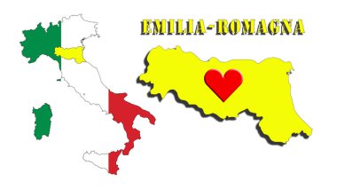 emilia romagna with silhouette of the italian region text and heart with neutral background. In the heart of the Italians. reconstruction news. Italy follows and supports the region affected by the flood. Solidarity, 3d illustration.
