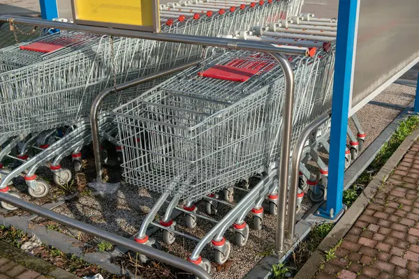 Alışveriş arabaları sıraya dizildi. Fiyatlardaki artışın yol açtığı tüketim krizi. İndirim mağazaları ve mini marketlerin formülü alışveriş maliyetlerini düşürür. Milan, İtalya, 11 Mart 2024