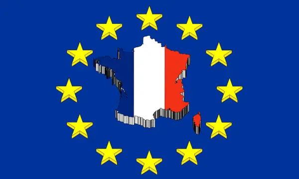 stock image france, the silhouette of france and the tricolor flag with stars european union, logo and symbol of france in 3d graphics. The nation at the heart of the European community. three-dimensional graphics, election Day, for likes, news and editorials.