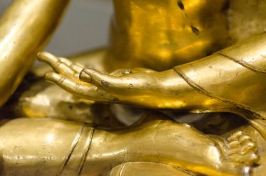 Buda Shakyamuni, Torino 'daki MAO doğu sanat müzesinde muhafaza edilen altın heykel. Buda, nilüfer çiçeği pozisyonunda, ellerinin detaylarıyla meditasyon yapıyor..