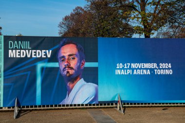 Nitto ATP Finals at the height of the tennis season, the best players in the world compete in breathtaking matches. Poster with Daniil Medvedev ready to compete. news from an event that combines sporting passion, strategy and pure skill on the court. clipart