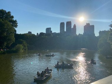 Central Park, New York 'taki Bow Köprüsü' nden göl manzarası