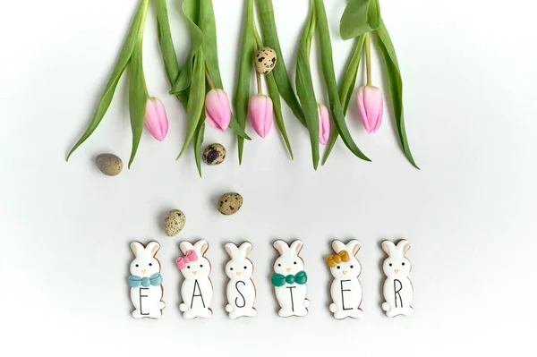 Chocolate Bunny Cookies Quail Eggs Tulips White Background — Fotografia de Stock
