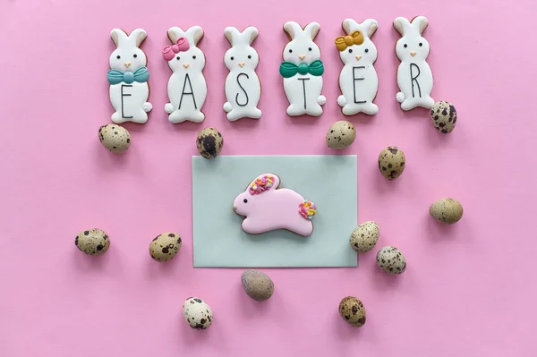 Chocolate Bunny Cookies Quail Eggs Pink Background — Fotografia de Stock