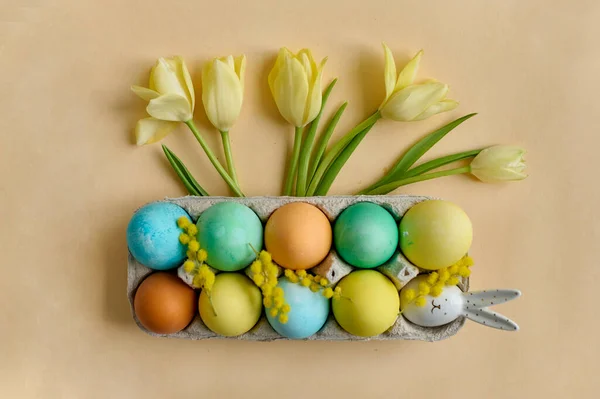 Colorful Painted Easter Eggs Paper Egg Container Tulips Beige Background — Stockfoto