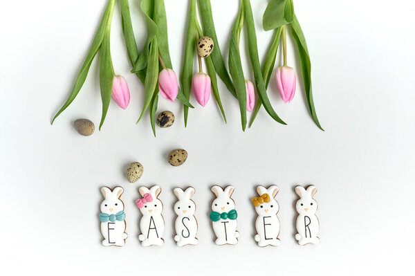 Chocolate Bunny Cookies Quail Eggs Tulips White Background Stock Picture