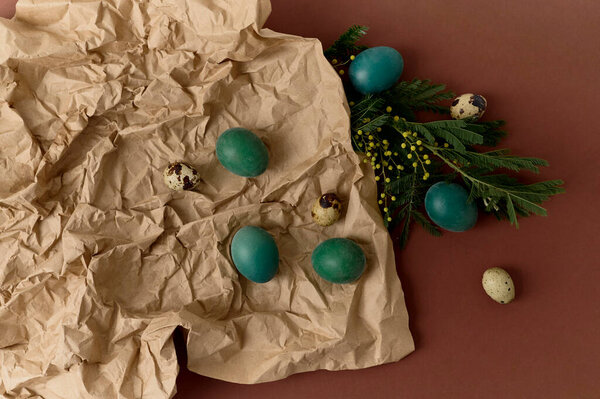 Green Colored Eggs Craft Paper Green Branches Brown Background Stock Photo