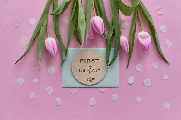 Pink Tulips Grey Copy Space Pink Background White Confetti Stock Picture