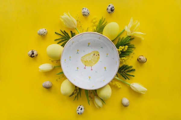 Easter Composition Yellow Tulips Eggs Cookies Yellow Background Royalty Free Stock Images