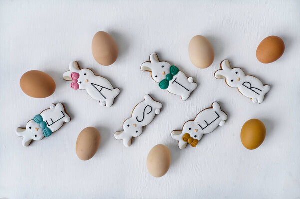 Chicken Eggs Colorful Bunny Cookies White Background Top View Easter Royalty Free Stock Images