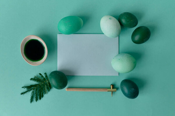 Pen Painting Eggs Green Colored Eggs Green Background Stock Picture