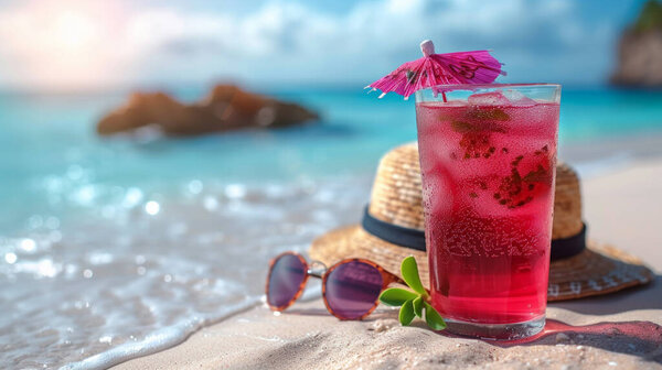 Straw Hat Exotic Cocktail Sunglasses Sandy Beach Concept Summer Holidays Stock Image
