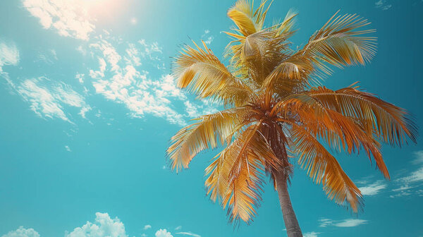 Palm Tree Tropical Beach Blue Sky White Clouds Summer Vacation Stock Photo