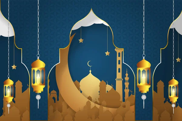Ramadan Kareem Fundo Azul Dourado — Vetor de Stock