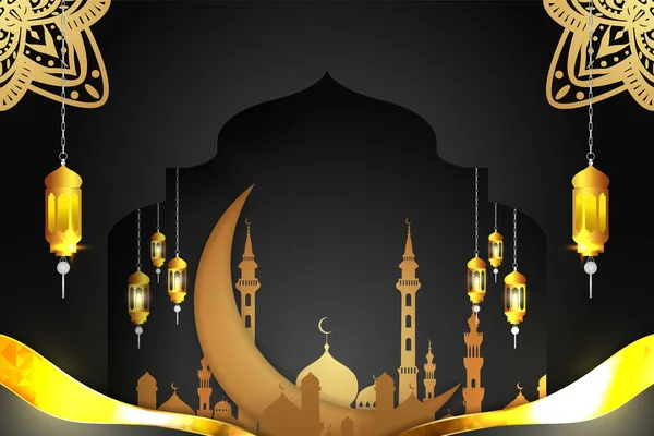 Ramadán Kareem Fondo Islámico Negro Oro — Vector de stock