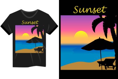 Plaj vektörü tişörtlü güneş battı.