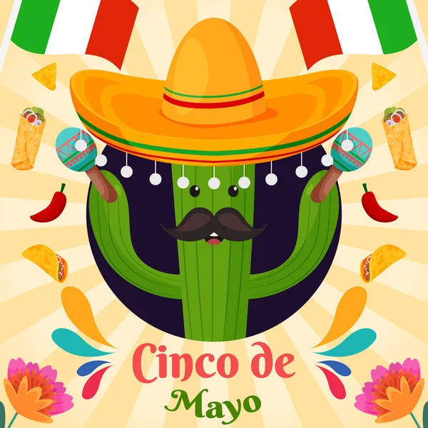 Düz Cinco De Mayo festivali arka planda sombrero kaktüsüyle