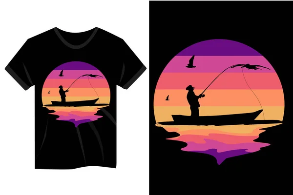 Pêcheur Mer Avec Bateau Vintage Rétro Silhouette Shirt Design — Image vectorielle