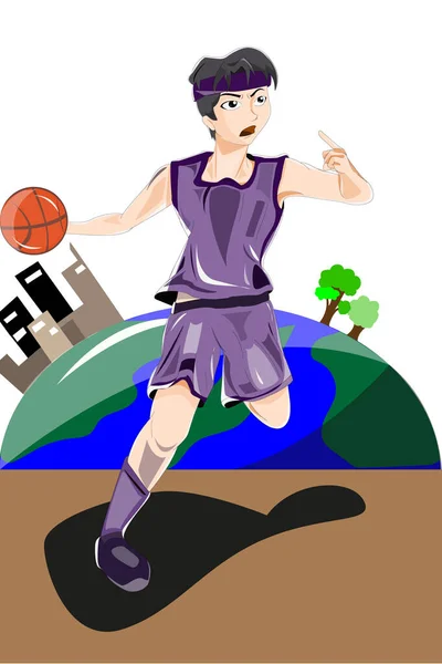 Niño Con Ilustración Diseño Personaje Baloncesto — Vector de stock