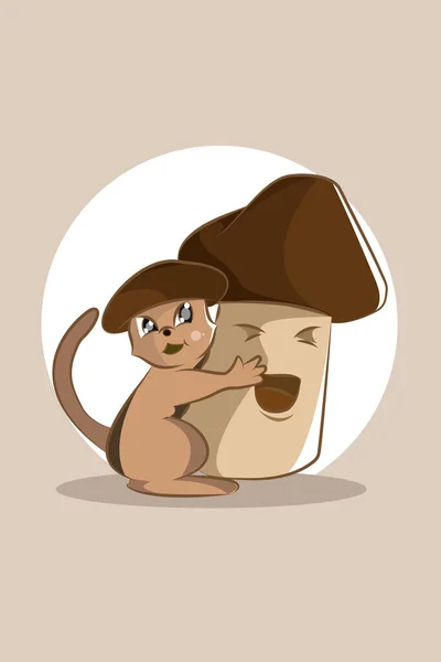带有蘑菇角色设计图解的可爱猫 — 图库矢量图片