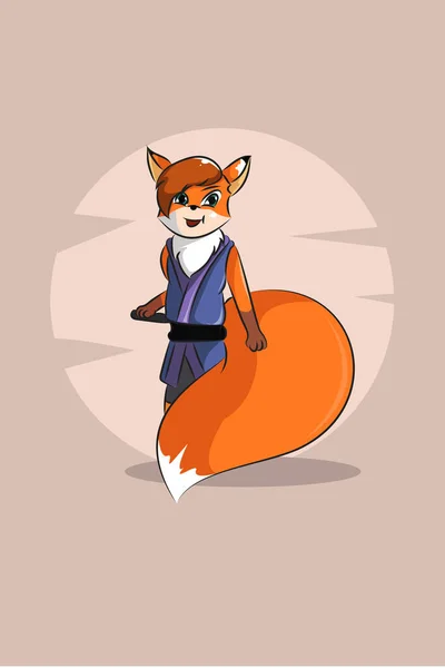 サムライキャラクターデザインイラストで可愛い動物狐 — ストックベクタ