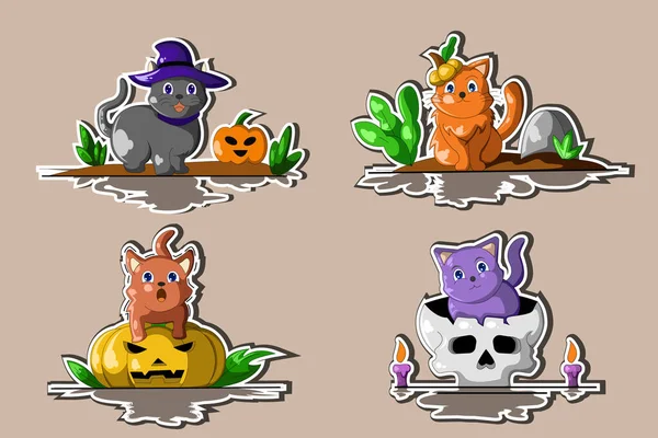 Snijd Kat Cartoon Halloween Sticker Ontwerp Karakter Illustratie — Stockvector