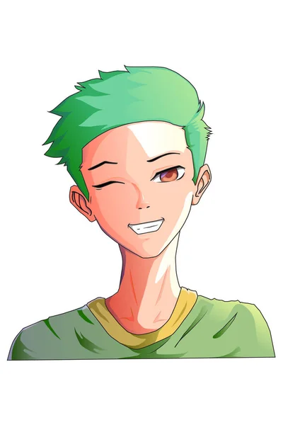 Красивый Мальчик Зеленые Волосы Носить Зеленые Рубашки Дизайн Персонажа Мультфильм — стоковый вектор