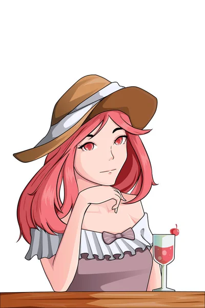 Beautiful Woman Summer Time Fresh Juice Character Illustration — Stock Vector