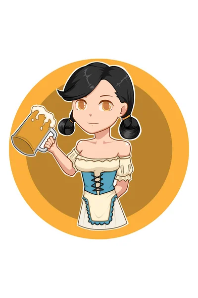 Menina Cabelo Preto Com Ilustração Desenho Animado Cerveja — Vetor de Stock