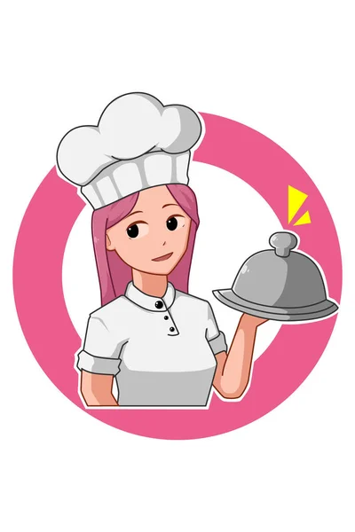 Roze Chef Kok Meisje Cartoon Illustratie — Stockvector