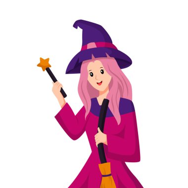Sihirli Asa Tasarım İllüstrasyonlu Sevimli Cadı