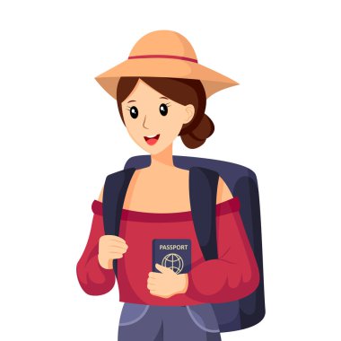 Pasaport Karakteri Tasarımı İllüstrasyonuyla Seyahat Eden Kadın