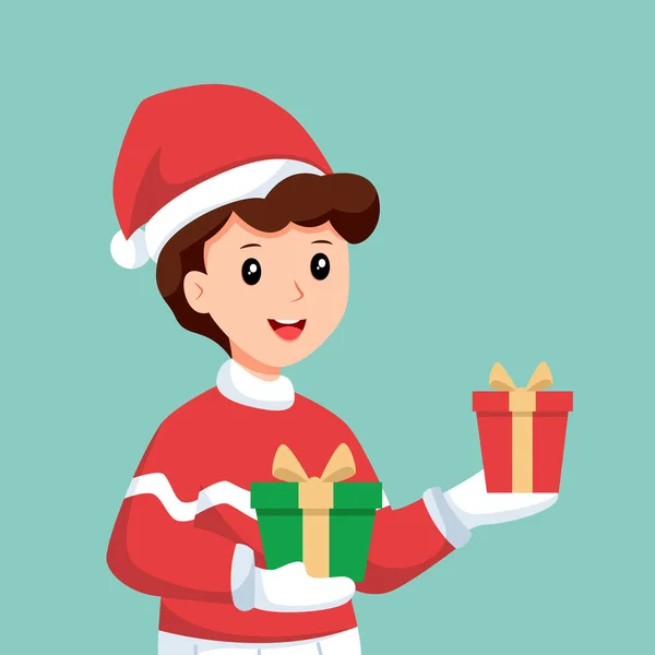 Mały Chłopiec Christmas Gift Character Design Ilustracja — Wektor stockowy