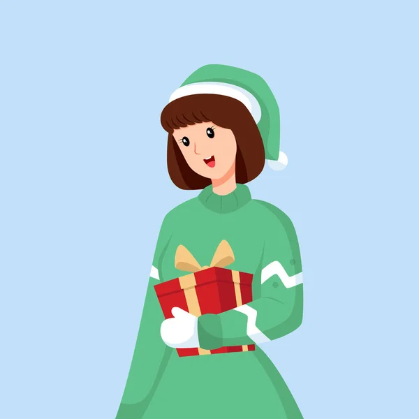 Woman Christmas Gift Character Design Illustration — Stock Vector