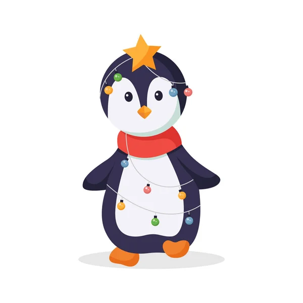 Lindo Pingüino Con Guirnalda Luz Navidad Carácter Diseño Ilustración — Vector de stock
