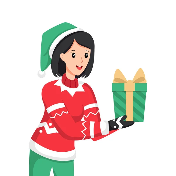 Jolie Fille Avec Cadeau Noël Illustration Conception Caractère — Image vectorielle