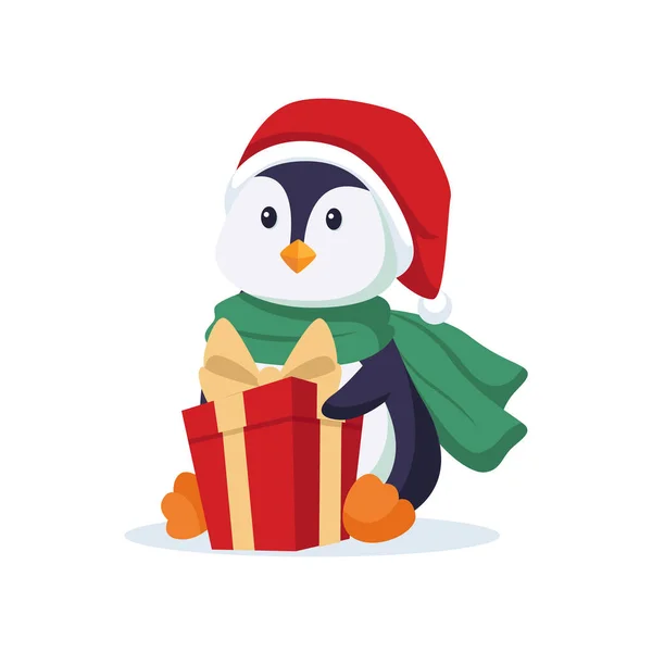 Pingouin Mignon Avec Cadeau Noël Illustration Conception Caractère — Image vectorielle