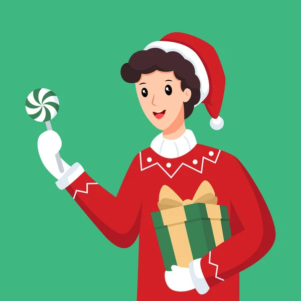 Chłopiec Christmas Gift Character Design Ilustracja — Wektor stockowy