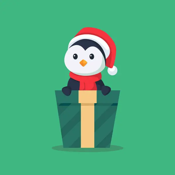 Cute Penguin Christmas Gift Box Character Design Illustration — Stock Vector